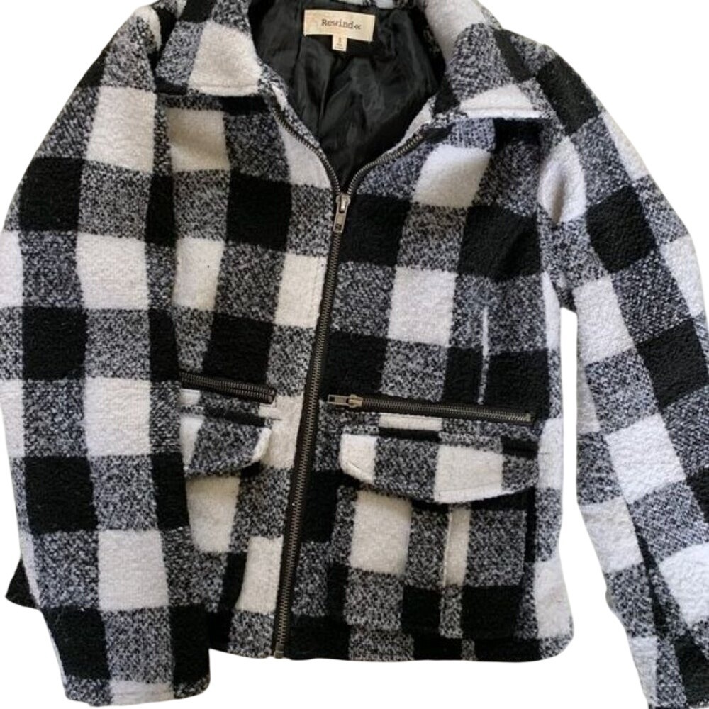 Rewind Kids Black White Buffalo Plaid Zip Up Fuzzy Jacket Small